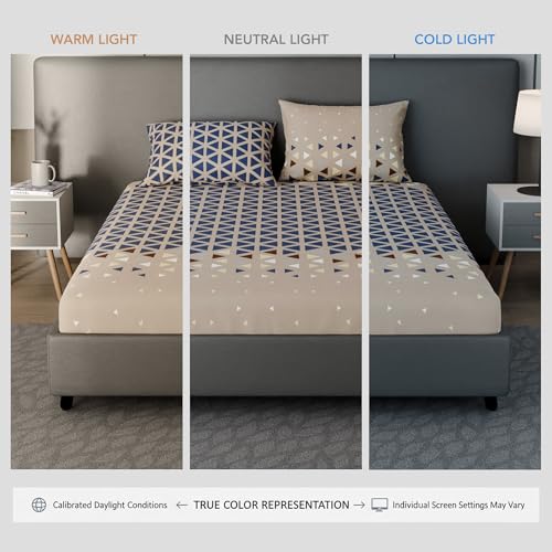 Image of BLISSHOME SoftTouch 150TC Cotton King Size Fitted Bedsheet with 2 Pillow Covers, Silky Smooth Bedding Set, Breathable, Easy Maintain, Geometric Pattern - Sand Beige (183cm x 198cm + 25cm Drop)