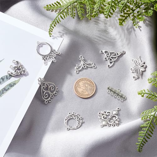 SUNNYCLUE 1 Box 54Pcs 9 Style Chandelier Connector Charms Component Links Alloy Hollow Filigree Pendants Flat Round Teardrop Triangle Shape for Jewellery Making Earring Supplies,Antique Silver - Image 3