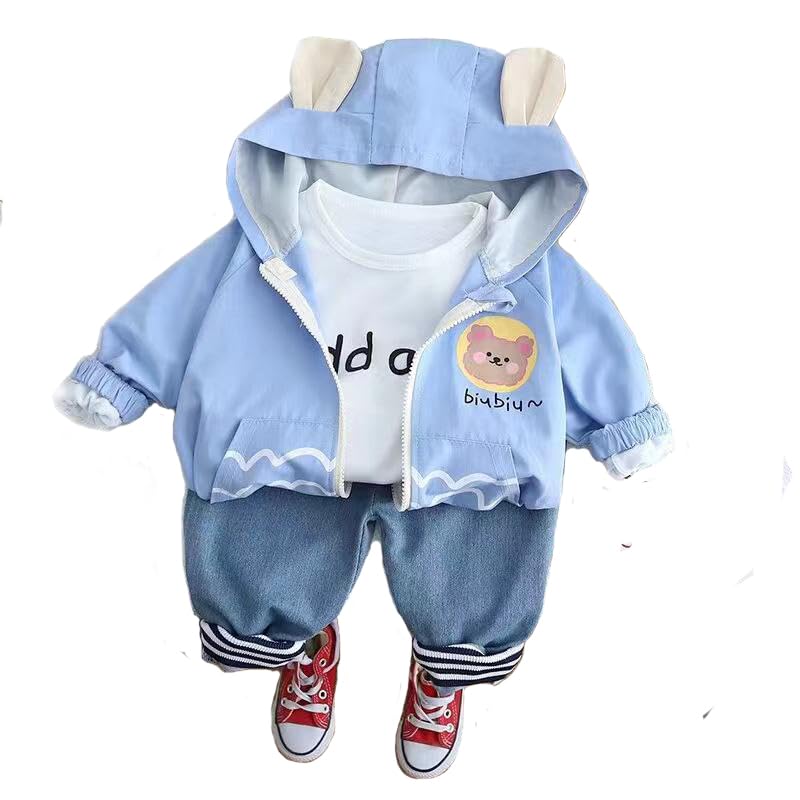 Bold N Elegant Cotton Cartoon Lion 3D Patch Kid's Winter Smart Casual Hoodie Jacket With T-Shirt & Jeans Pant 3 Piece Set Winter Party Dress For Infant Toddler Baby Boy's Girl Kids