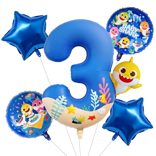 Image of PartyWoo Baby Shark Blue Foil Number 3 Balloon 5pcs 40 18 Inch Blue Round Star Mylar Helium Birthday Balloons for Boys and Girls Baby Shark Under the Sea Ocean Kids Third Birthday Party Decorations