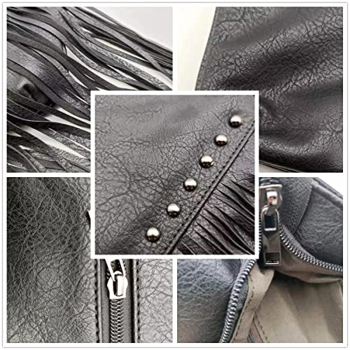 Image of IAMUHI Casual Rivets Fringed Shoulder Handbag for Women,Soft Vegan Leather Hippie Crossbody Purse Bag Hobo Bag