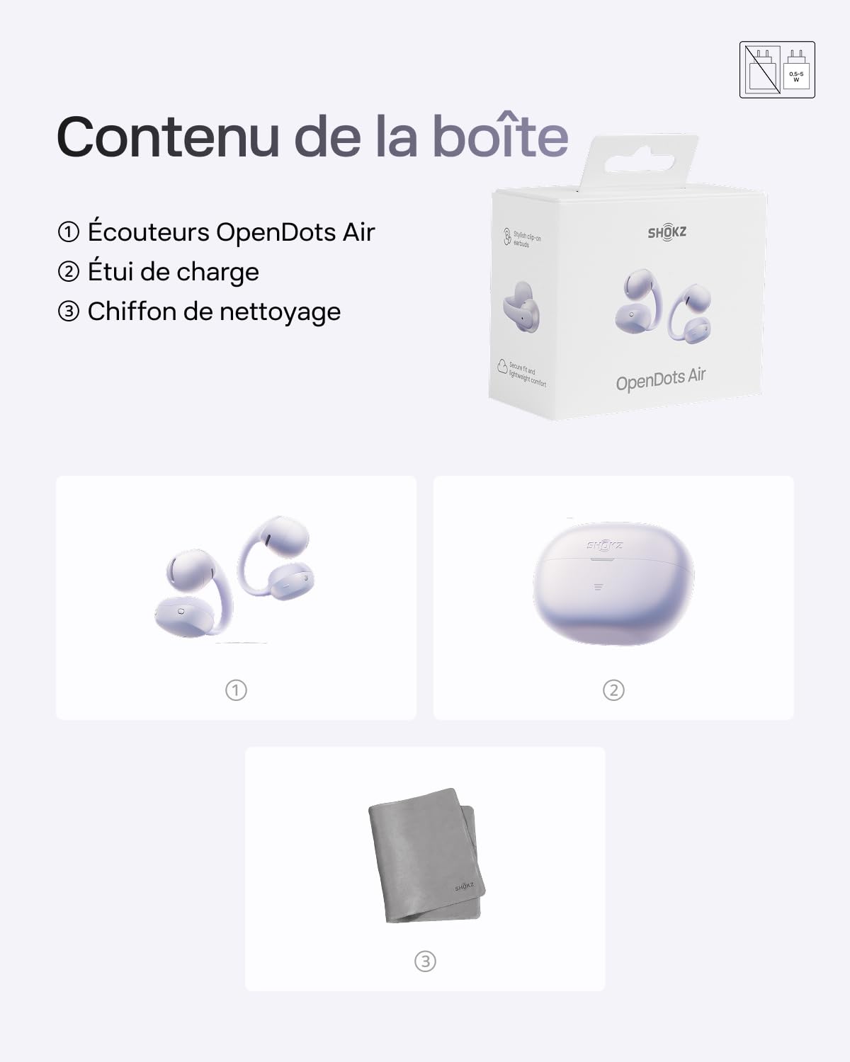 SHOKZ OpenDots Air Écouteurs sans Fil Clip-on à Oreilles Libres, 6,3 g, Maintien Sécurisé, Bluetooth 6.1, Basses Profondes, 36 h d'autonomie, Appels avec Réduction du Bruit par IA, IP55, Violet