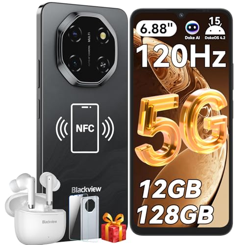 Blackview Shark 6 Unlocked Android Phones 5G (2025), Android 15 Cell Phone Unlocked, 6.88" 120Hz Display, 12GB+128GB/2TB, 16MP+8MP AI Camera, 5000mAh/18W,Fingerprint/Face ID,Dual SIM/GPS/OTG/NFC,Black