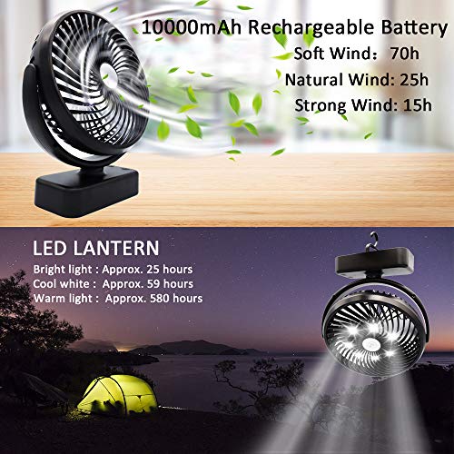 10000mAh Battery Operated Camping Fan with LED Lantern,Portable 8.6-Inch Rechargeable Tent Fan,70 Working Hours Max USB Desk Fan with Hanging Hook for Tent Car RV Hurricane Emergency Outages Office