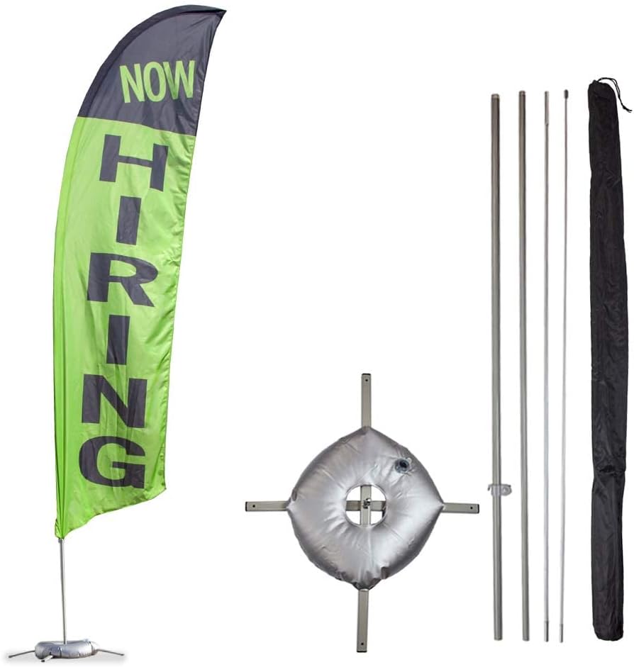 Vispronet Now Hiring Feather Flag Kit – 13.5ft Green and Black Flag with Pole Set, Cross Base & Weight Bag – Job Fair and Help Wanted Event Flag – Knitted Polyester – Printed in the USA