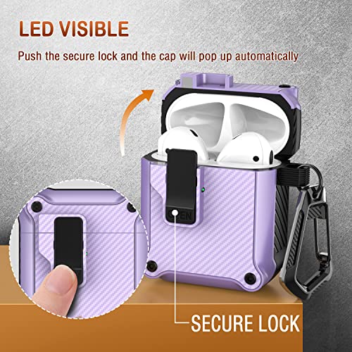 R-Fun Airpods Case Cover With Automatic Secure Lock Clip, Protective Rugged Hard Shell For Apple Airpods 2Nd & 1St Generation Charging Case With Carbon Fiber Keychain-Lavneder #TOP1