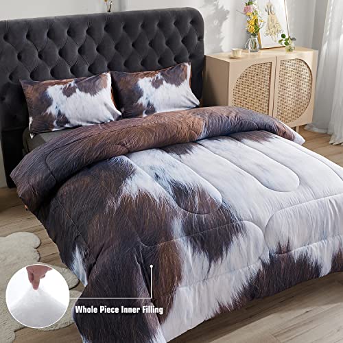 Perfemet Cow Print Comforter Set Queen Size, Highland Cowhide Rustic Farmhouse Bedding Set, Western Farm Animal Fur Pattern Cowboy Duvet Set, (Brown White) #TOP1
