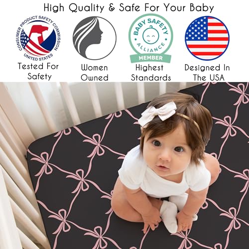 Image of Sweet Jojo Designs Fitted Baby Crib Sheets (Black and Pink Bows) for Girls, Infant Nursery, Toddler Room - Standard Size (for Shabby, Princess Ballerina, Ballet Collection, Vintage Coquette Aesthetic)