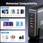 USB C Bloc du chargeur rapide, 120W 6-Port Station de recharge GaN Adaptateur Hub, USB Prise de bande d'alimentation multichargeur mural C avec interrupteur marche/arrêt pour iPad iPhone 16 15 14 13 12 Pro Max Galaxy S23/22-5ft Cord