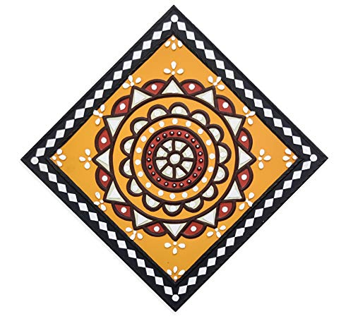 Image of Ethnics of Kutch Traditional Kutch Handicraft Mud-Mirrorwork Lippan Kam Wall Art (Water and Break Resistant) - Square (12 inch x 12 inch) - (Black - LKT-0206)
