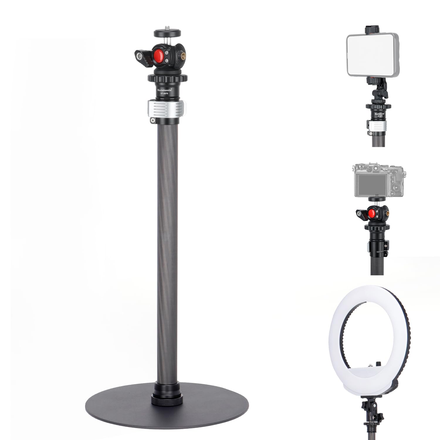 Koolehaoda Stativ-Ständer, ausziehbares Einbeinstativ, Kohlefaser-Stange mit runder Basis für Schreibtisch, 360° drehbarer Kugelkopf, Tisch-Webcam-Ständer für DSLR-Kamera, Licht, Webcam