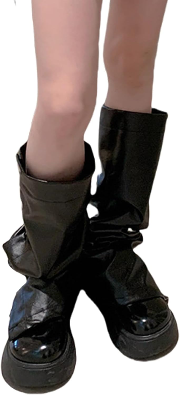Women Vintage Punk PU Leather Leg Warmers Side Buttons Baggy Leg Gaiters Footless Socks Wide Leg Boot Covers