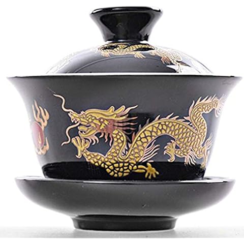 YBK Tech Porcelain Kung Fu Tea Cup and Saucer with Lid, Chinese Traditional Gaiwan Sancai Tea Bowl Tea Set Dragon Pattern (Black) Cover