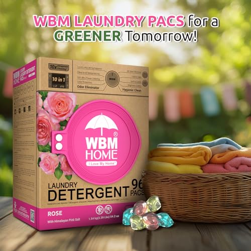Image of WBM Home 10-in-1 Laundry Pods, Total 96 Count, Ultra Concentrate with Powerful Stain Lifter Technology, Fabric Softener With Rose Extracts, Detergent Pods