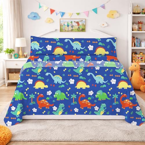 DALINA Juego de Sábanas Infantil 3 Piezas para Cama 90 - Sábanas Bajera Ajustable para Cama 90x190cm, Encimera 165x260cm y 1 Funda de Almohada Larga 45X125 cm, Dinosaurios Azul