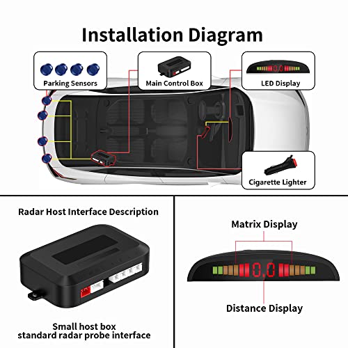 Image of Wireless Parking Sensor, Reverse Radar System with 4 Car Backup Sensors, LED Distance Display with Sound Warning + 4 Blue Parking Sensors