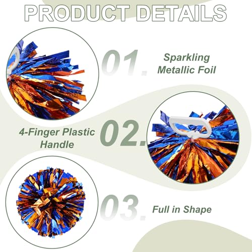 YELARXI Metallic Cheerleading Pom Poms Cheer Pompoms, 12 Inch with Handle Rings Fit for Team Spirit Sports Dance Cheering, (2Pcs, Blue Orange) - Image 3