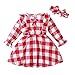 NBAA Mädchen Gekräuseltes Langarm Kariert Bedruckter Prinzessin Kleid + Stirnbänder Kleinkind Kinder Langärmeliges Karomuster Kleid Frühling und Herbst Komfortabel Zweiteiliger Anzug (1-5 Jahre)