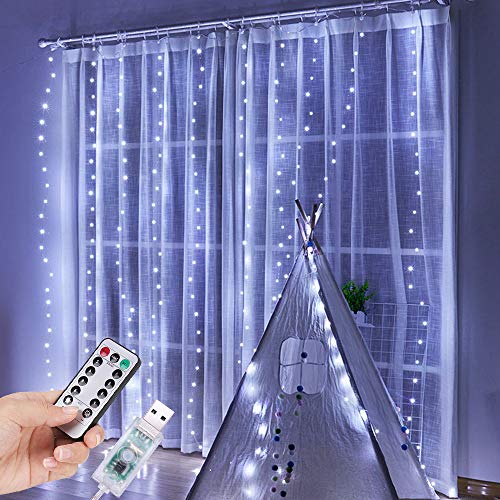PEYOU Navidad Cortina de Luces 3 * 3 m,300LEDs y 8 luz Modos(Blanco Cálido),con Mando y Impermeable IP65 [Clase de eficiencia energética A+++] Cover