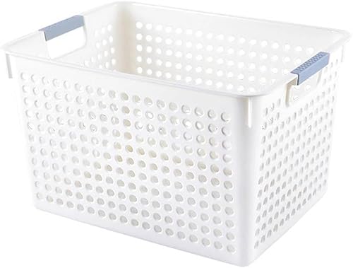 収納ボックス 収納バスケット プラスチックハンドル付き 棚 ソフトタイプ 持ち手穴付き コンテナ 積み重ね 大容量 小物収納 カラーボックス 化粧品 収納ケース 調味料 リビングルーム バスルーム (ホワイト,深い口35*25.5*21cm)