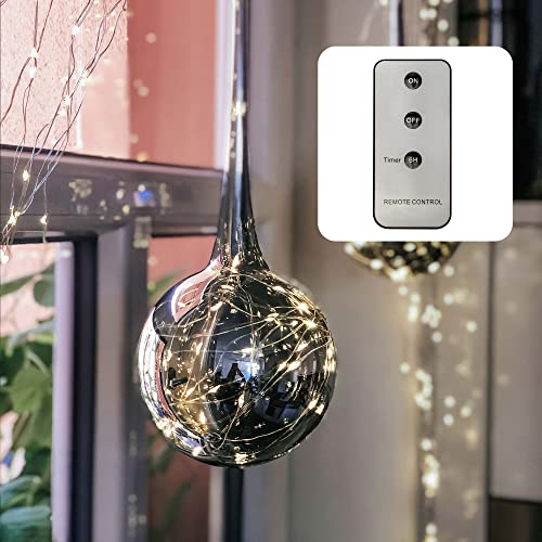 Hellum LED Glaskugel zum Hängen mit Lichterkette und Timer, Glaskugel mit Licht, 30 warmweiße LED und Fernbedienung, Glastropfen 40x13cm rauchgraues Glas, Fensterdeko hängend ganzjährig
