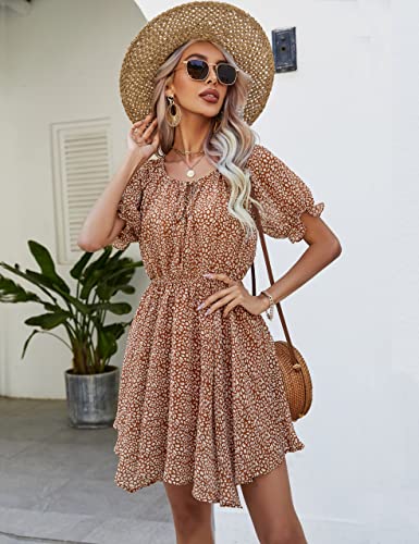 Blooming Jelly Womens Flowy Summer Dresses Floral Chiffon Short Sleeve Dress 2023 Casual Boho A Line Sun Dresses (Small, Brown Floral Print) #TOP1