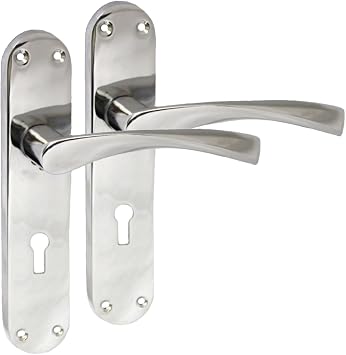 Internal Polished Chrome Twist Door Handle Set, Interior Lock Lever on Long Back Plate, Door Handle Latch, Privacy Lockable Handle for Bathroom, Bedroom, Front Door