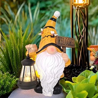 Maikall Rish Gnome Garden Statues with Solar Lights Outdoor Gnomes Sculpture Yard Patio Decor for Lawn Ornaments Gardening Gifts?Bee Gnome