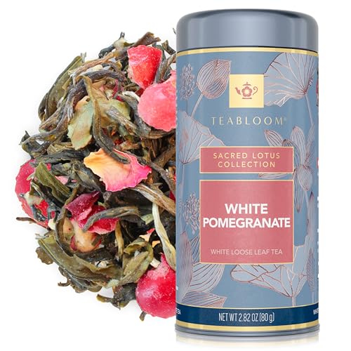 Teabloom White Pomegranate Loose Leaf Tea, Distinctive and Delicate White Tea, Certified Kosher, Fresh Whole Leaf Tea in Reusable Gift Canister, 2.82 oz/80 g Canister Makes 35-50 Cups