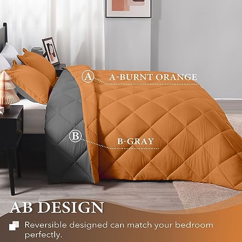 Image of downluxe Queen Comforter Set - Burnt Orange and Grey Queen Comforter, Soft Bedding Sets for All Seasons -3 Pieces - 1 Comforter (88 inchx92 inch) and 2 Pillow Shams(20 inchx26 inch)