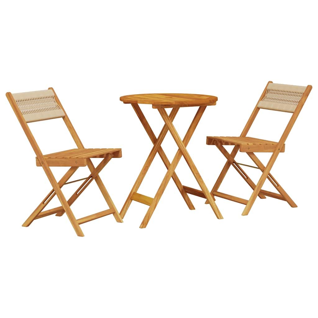 Set da 3 pezzi in legno di acacia da giardino, in polipropilene beige e legno massello, pieghevole per balcone e terrazza, con robusto tavolo e due sedie senza braccioli, ideale per caffè