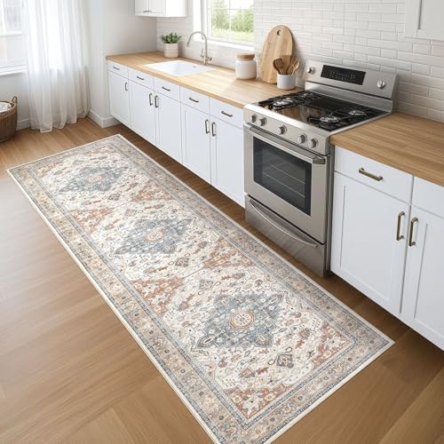 Runner Rug Kitchen Washable Rugs: 3x8 Non-Slip Boho Vintage Distressed Stain Resistant Indoor Neutral Farmhouse Throw Carpet for Hallway Bathroom Laundry Room Entryway Bedroom- Beige Blue