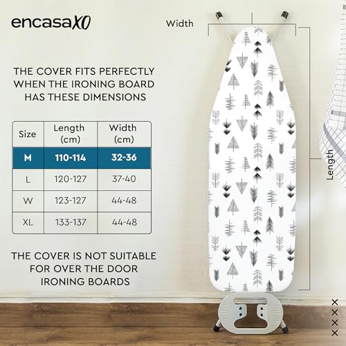 Image of Encasa XO Ironing Board Cover with 3mm Thick Felt Pad for Steam Press (Fits Standard Medium Boards of 112x34 cm) Heat Reflective, Scorch & Stain Resistant, Printed - Black Arrow