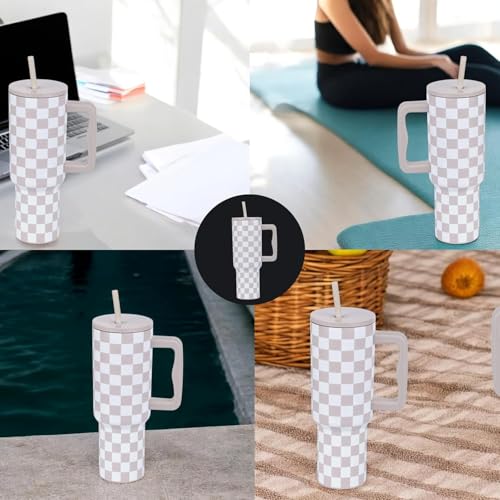 Image of Stainless Steel 1200 ml Vacuum Tumbler with Lid & Straw - Double‑Wall Insulated Cup for Travel, Gym & Office - Keeps Beverages Hot or Cold - 1.2 L Capacity (Cream Checks)