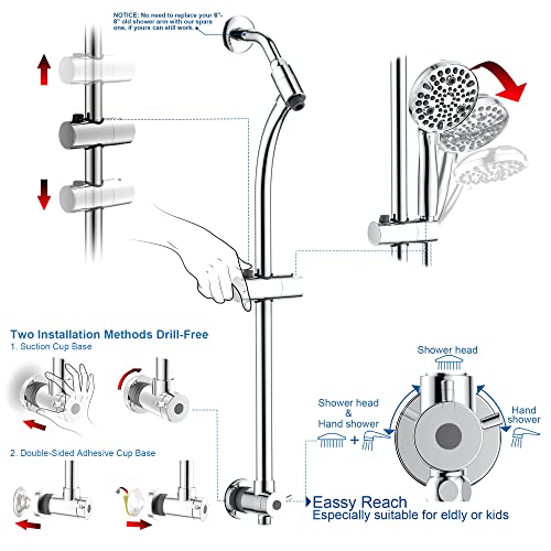 High Pressure Handheld/Rain 82-Mode 3-Way Shower Head Combo With 25.75" Adjustable Drill-Free Stainless Steel Slide Bar, Pet & Tub Power Wash And Anti-Clog Nozzles, With 5Ft Hose - Polished Chrome #TOP4