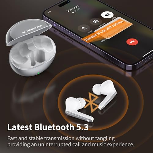 Image of Monster N-Lite 203 AirLinks Wireless Earbuds, Bluetooth 5.3 Headphones HiFi Stereo, Wireless Earphones with HD Clear Call, 30H Playback, Touch Control, Type-C Charging, IPX6 Waterproof in-Ear Earbuds
