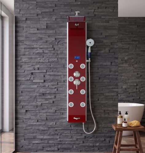 Image of Blue Ocean 52 inch Aluminum SPA392R Shower Panel Tower System with Rainfall Shower Head and 8 Adjustable Massage Jets (Ruby Red)