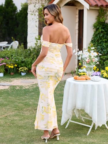 Image of KUTUMAI Off The Shoulder Maxi Long Dress Corset Ruched Bodycon Cocktail Formal Wedding Guest Dresses for Women