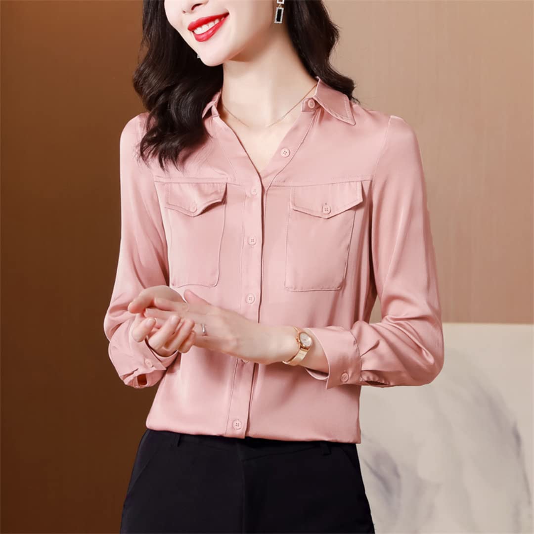 Blusas Sueltas Informales para Mujer con 2 Bolsillos, Camisas de Seda Satinada para Trabajo de Dama de Oficina, Camisa de Vestir con Botones