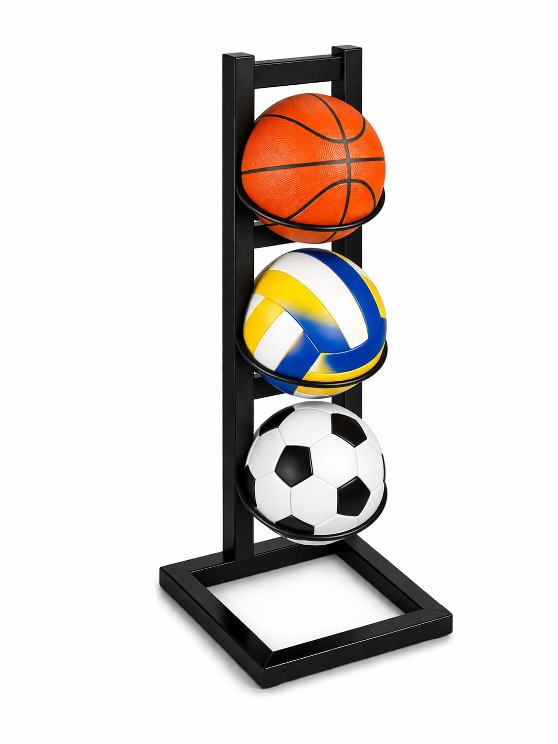 Inclu 3 Tier Sports Ball Storage Rack Stand, Metal Ball Organiser Holder for Basketball, Football, Volleyball, Soccer, Heavy Duty Floor Standing Display Rack for Home Gym Garage