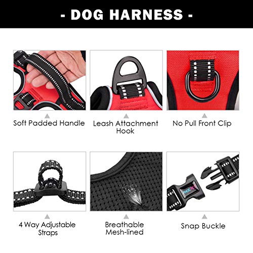 Image of PHOEPET No Pull Dog Harness Medium Reflective Front Clip Vest with Handle,Adjustable 2 Metal Rings 3 Buckles[Easy to Put on & Take Off](M, Red)