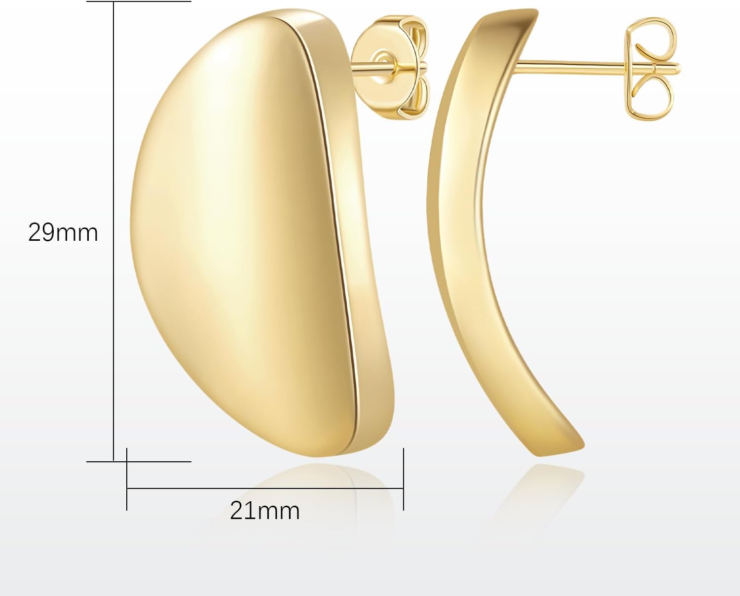 14K Gold Stud Earrings for Women Gold Earrings for Women Earring Studs Curved Disc Design with Polished Surface Womens Stud Earring, 29mm - Image 2