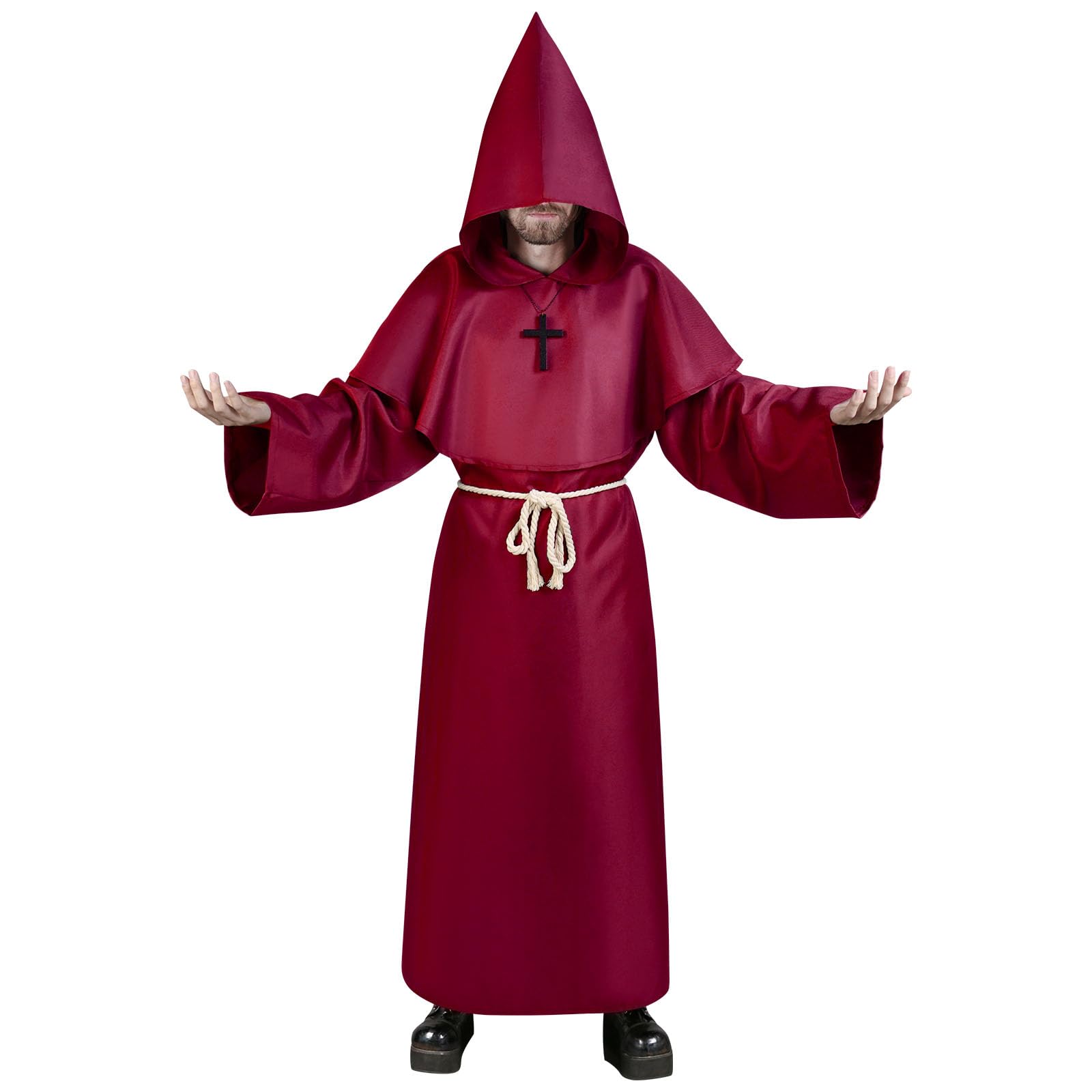 Aomig Monk Costume, 4Pcs Medieval Friar Hooded Monk Cape Renaissance Wizard for Adult Men, Pastor Outfit Priest Robe Costume Halloween Fancy Dress Christmas Party Cosplay Costume(Dark Red-XL)
