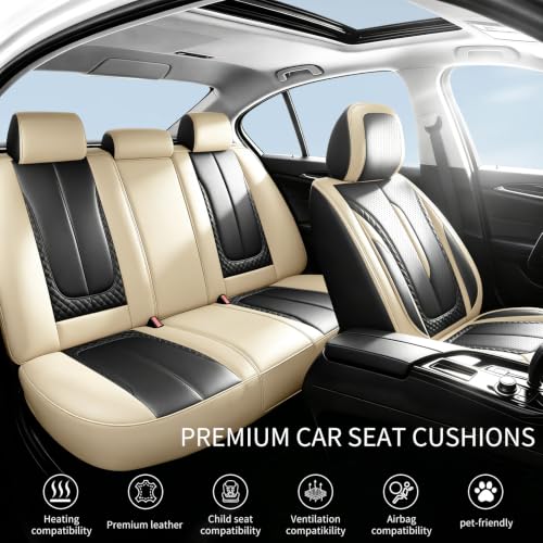 Image of Fit Sonata Car Seat Covers for Hyundai Sonata 2008-2025 2026 - Premium Breathable Leather,Airbag Compatible,Waterproof All-Weather Seat Cushion Protector, Full Set Beige&Black
