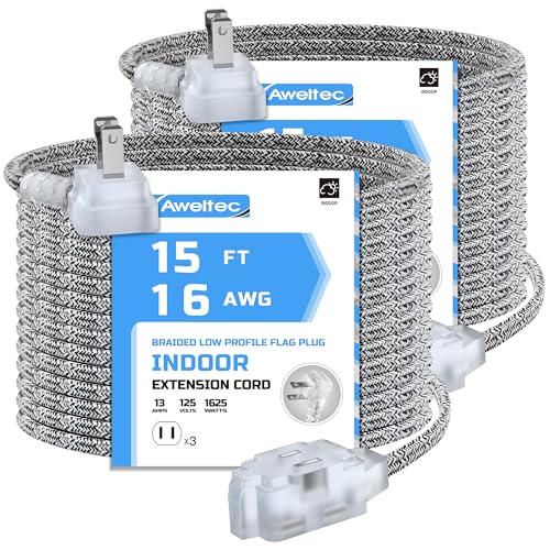 AWELTEC 2 Pack Extension Cord 15 Ft,3 Outlet Braided Cable,16 Gauge Wire SPT-2, Multiple Outlets...