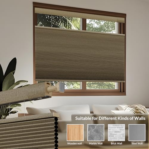 Image of No Drill No Tools Cellular Shades Linen Texture Wrapped Top Down Bottom Up Cordless Honeycomb Blinds Blackout Shades for Bedroom Living Room Windows Blinds, Beige, Custom Size