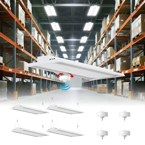 4 Pack 300W LED Linear High Bay Shop Light With Motion Sensor, Larger Central Lighting Area...