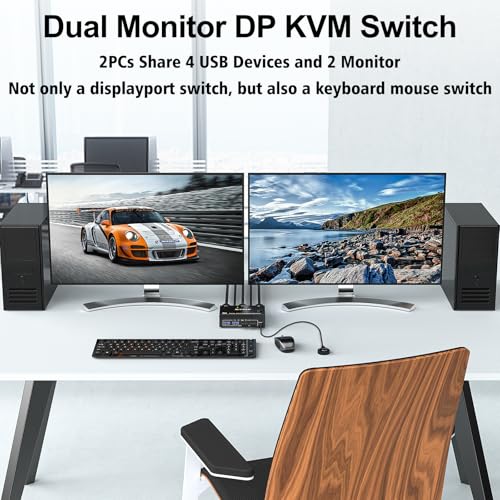 Podwójny monitor DisplayPort KVM Switch 8K@30Hz 4K@60Hz, USB 3.0 przełącznik KVM 2 PC 2 monitor, przełączniki KVM z 4 portami USB 3.0 do 2 komputerów, z przewodem DP+USB i kontrolerem biurkowym
