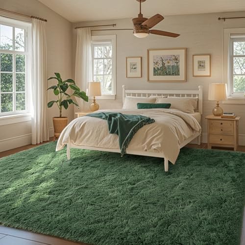 9x12 Area Rugs for Living Room Green Fluffy Shag Rug,Plush Bedroom Grass Carpet for Kids Teens Indoor Classroom Home Decor Aesthetic