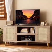 LUCKLIFE Rattan TV Stand for 65 Inch Television with Charging Station,59" Mid Century Modern Entertainment Center, Boho Media Console with Storage Cabinet Open Shelves for Living Room,Natural